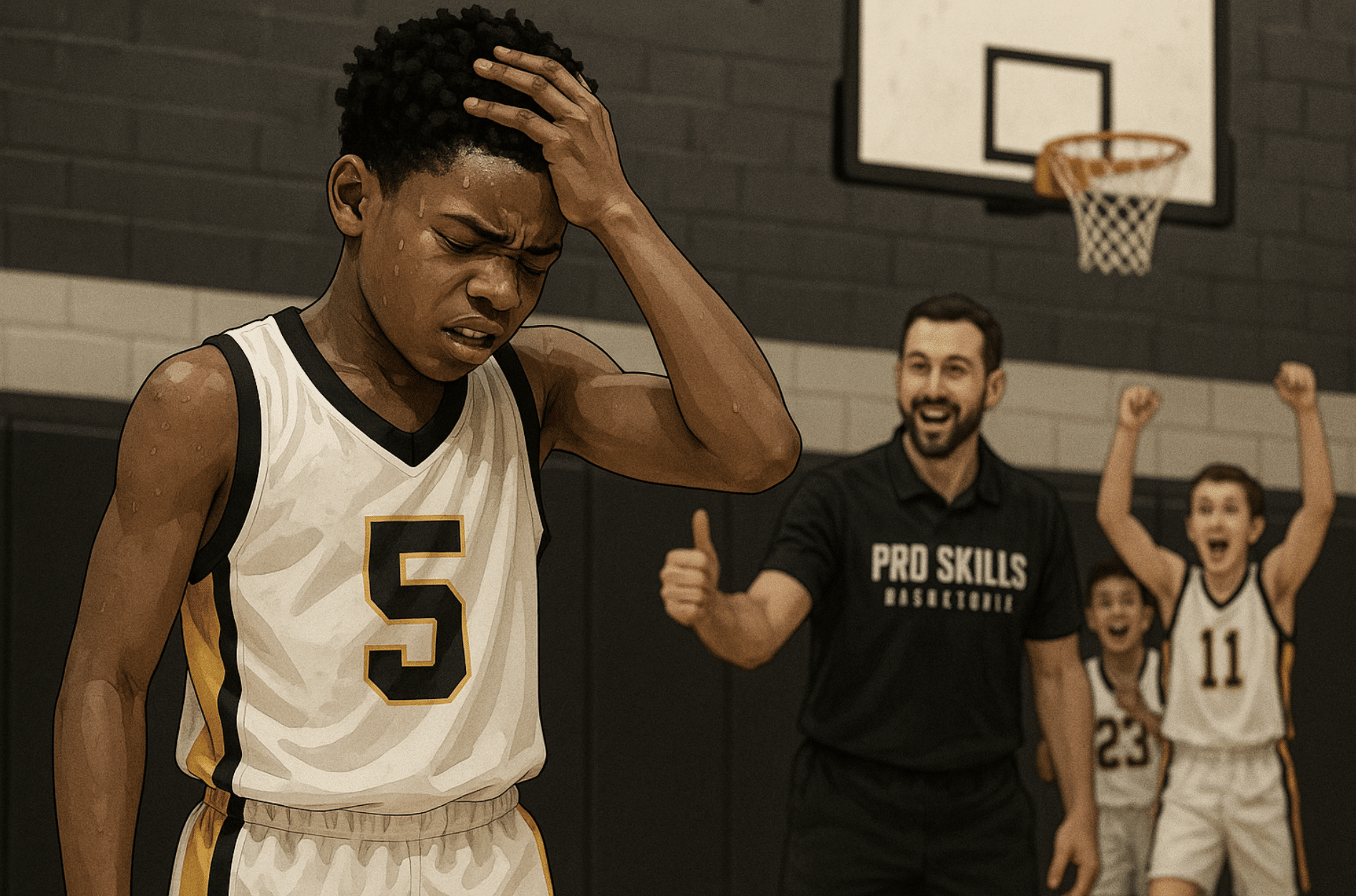 Youth basketball player reacts to a missed shot while teammates and coach encourage him to keep going.